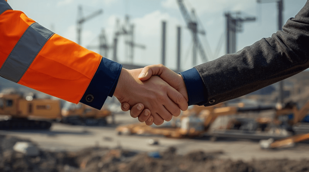 Industrial employer and site supervisor shaking hands at a construction site in Western Australia, representing safety-focused recruitment partnership.