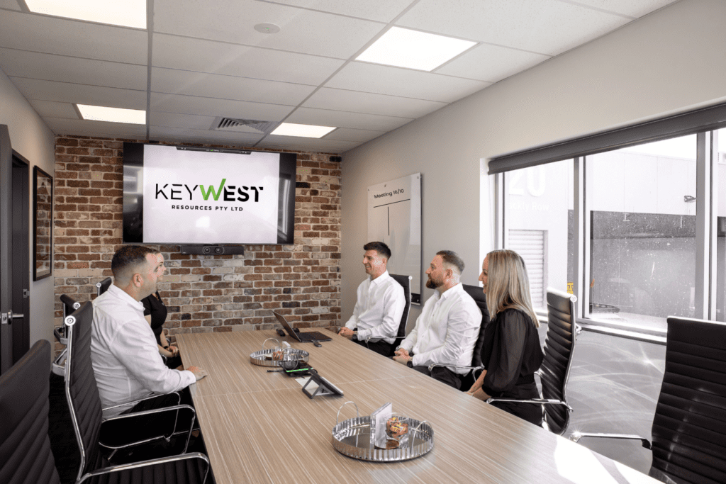 KeyWest Resources leadership team meeting in boardroom, industrial recruitment specialists servicing Western Australia and Queensland