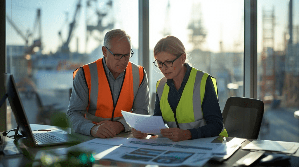 Senior industrial managers reviewing workforce planning documents during strategic consultation in Western Australia and Queensland